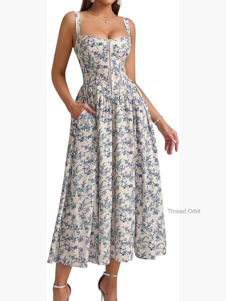 Floral Corset Midi Dress With Pockets, Flow Summer Wedding Guest